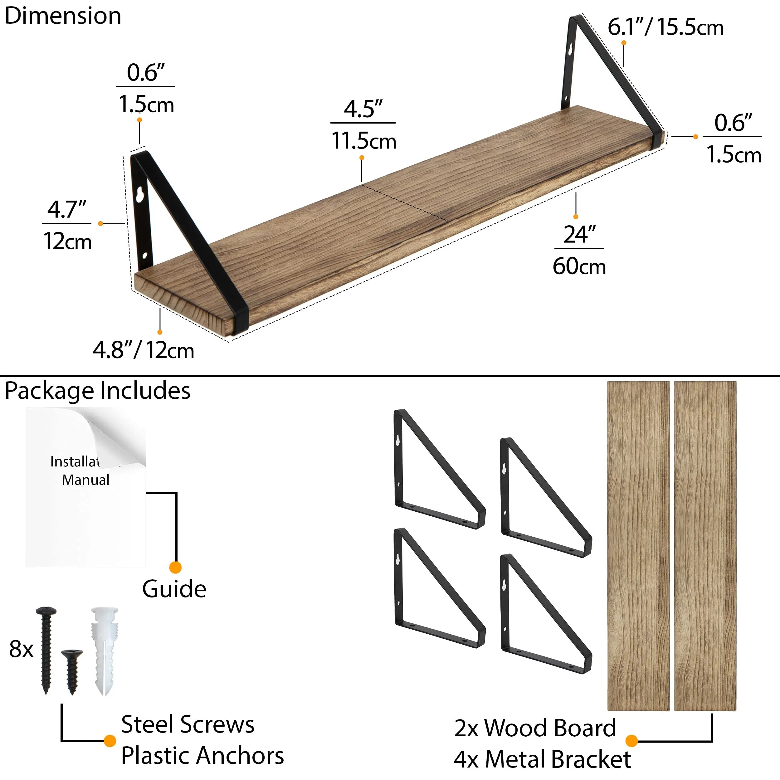 Natural Burnt Wood Floating Shelves Set of 2 Wooden Rack for Sundries Living Room Wall Decor and Book/DVD Storage Shelf