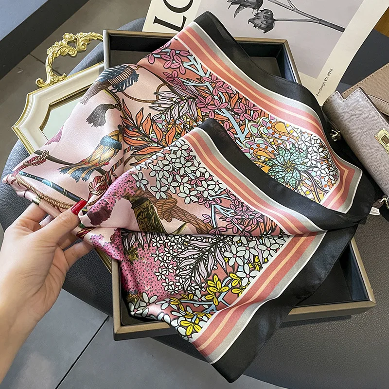 French elegant small floral silk scarf Oil painting floral print 70 mulberry silk small square scarf with decorative