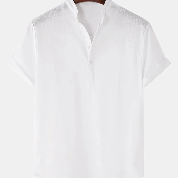 Men Summer Shirt Short Sleeve Cotton Linen Shirt Regular Fit V Neck Button Down Vintage Clothes Top Solid Color T Shirts