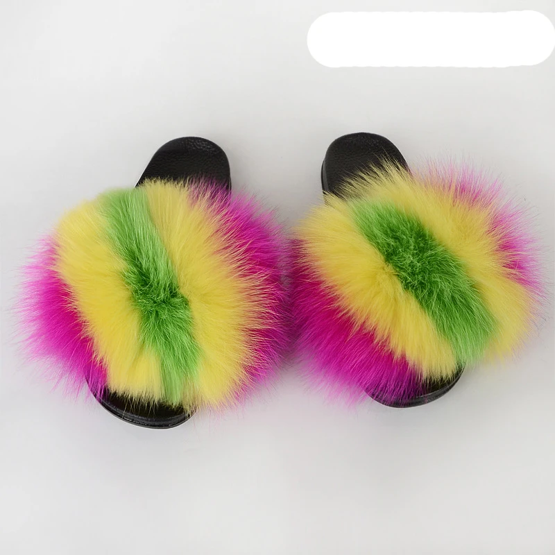 
Wholesale Customized Colors New style Slides Sandals Soft Fox and Raccoon Fur Flippers Women 