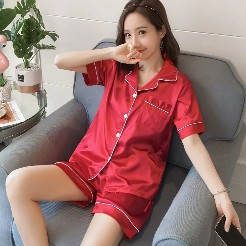 Spring Summer Women Pajamas Faux Silk Satin Homewear Short Sleeve Two Piece Set New Sleepwear Sets