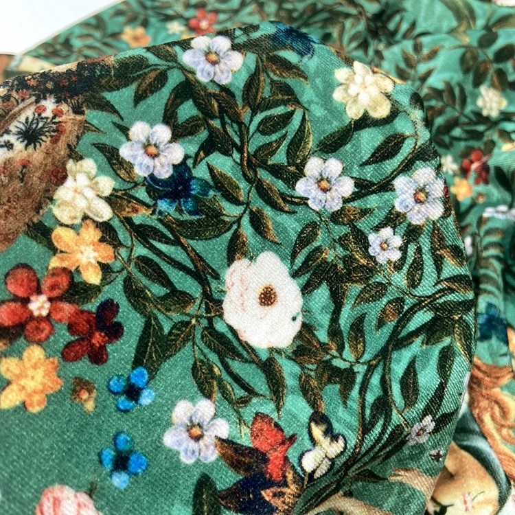 Green velour 95% polyester 5% spandex warp knitted floral digital printed korean velvet fabric for dress clothing