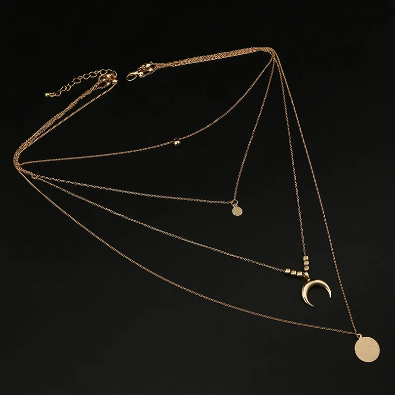 
Wholesale and retail fashion new retro ethnic wind moon horn round plate alloy multi-layer necklace 4 layer alloy necklace 