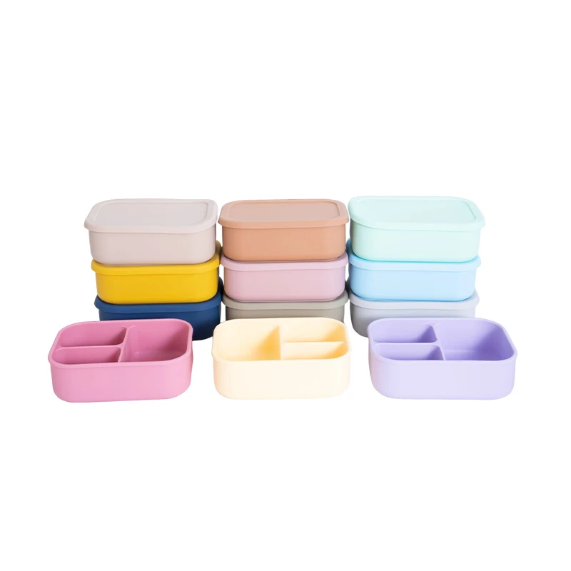Custom Logo Portable 800ml 3 Compartment Silicone Bento Lunch Box Containers Bpa Free Silicone Lunch Box For Kids
