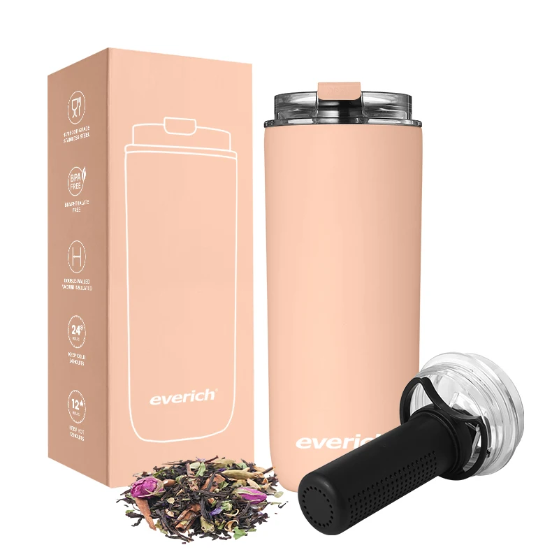 Keep hot and Cold Custom logo double wall 304 Stainless Steel travel coffee cup with leak proof lid 500ml with infuser