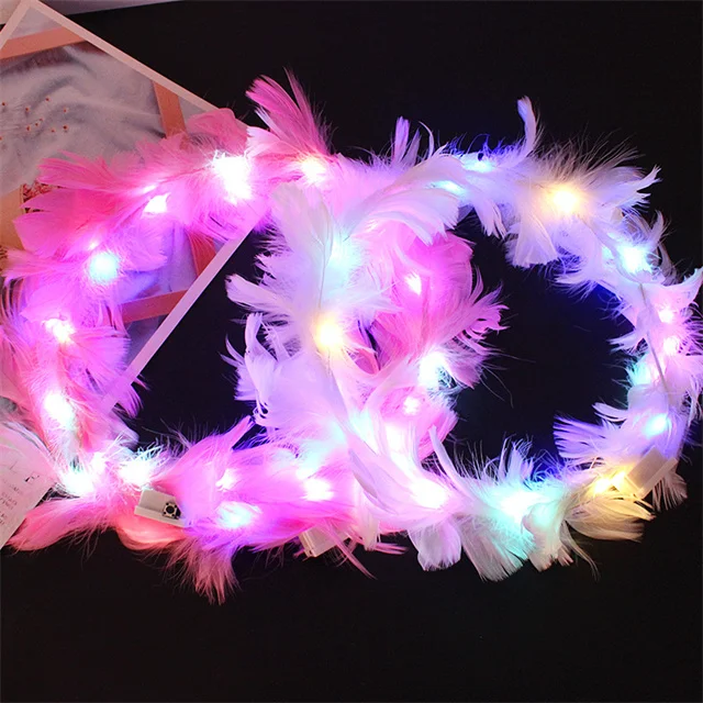 LED Flashing Wreath Angel Feather Headdress Colorful Luminous Garland Girl Headband Cheap Feather Headband