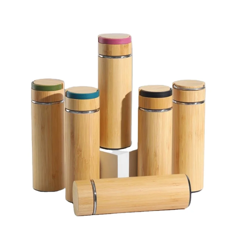 Wholesale Portable Cover Bamboo Shell Eco Bottle Insulation Stainless Steel Vacuum Bamboo Thermos Flasks with Optional Lid