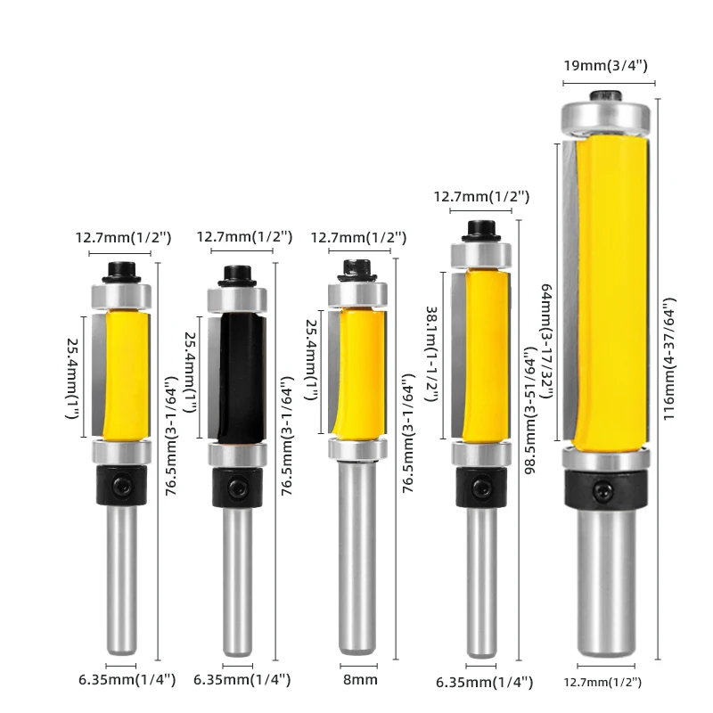 1/4inch Shank Flush Trim Router Bit Top & Bottom Double Bearing Profile Trimming Bits Woodworking Tool Carbide Milling Cutter