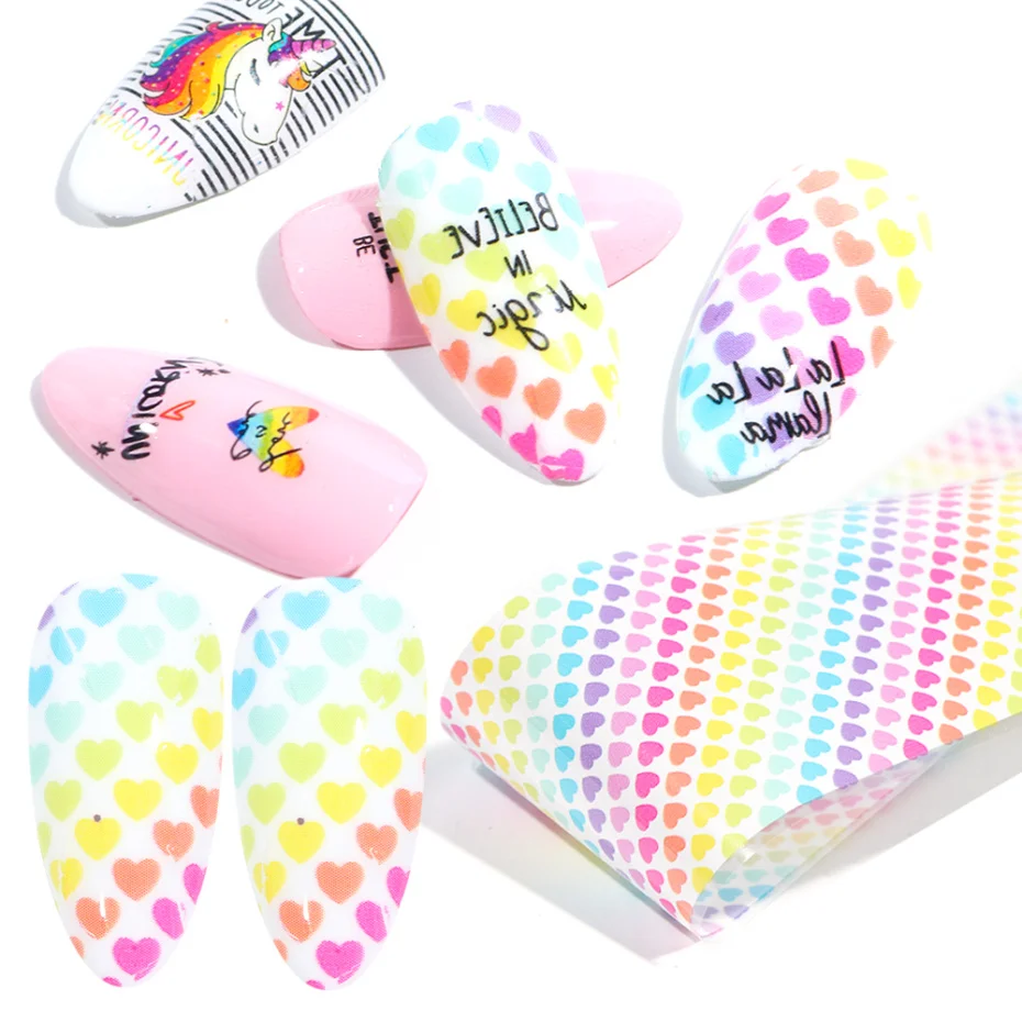 10 Types/Case Holographic Pink Flower Leopard Dot Plaid heart butterfly Mixed Designs Starry Sky Nail Foil Stickers Set