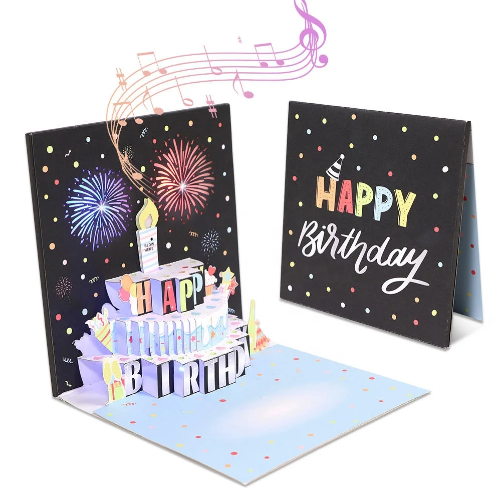 Design 3D Musical Birthday Card  Laser Cutting  Firework Birthday Blowable Pop Up Card