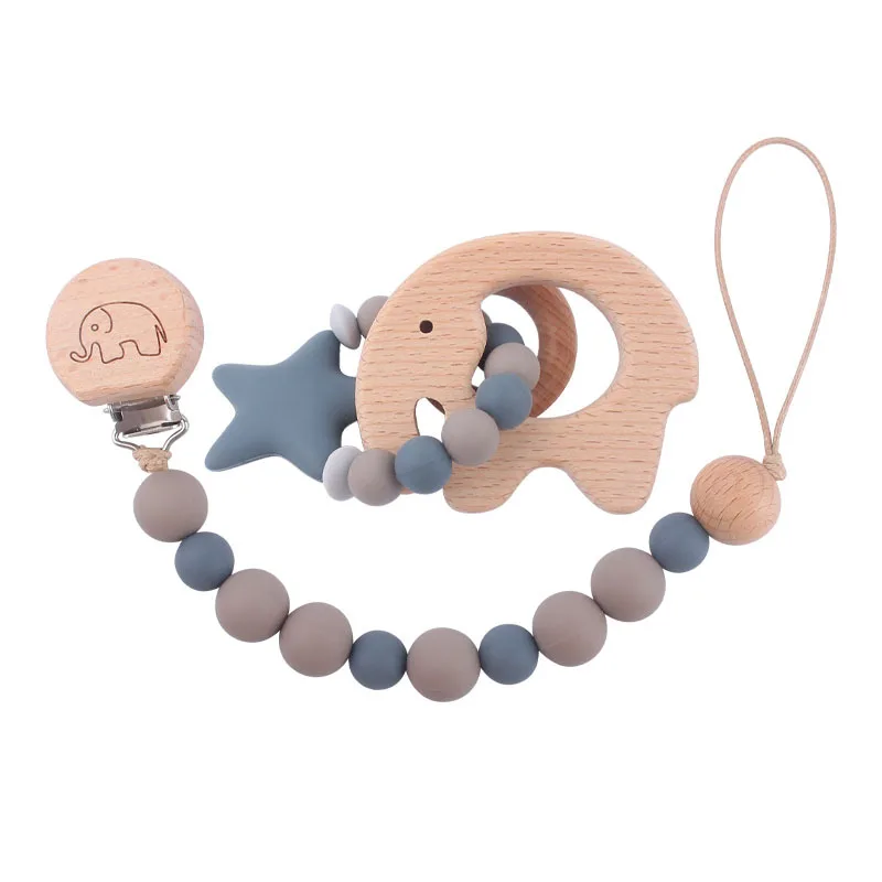 baby animal teether pacifier clip suit Organic Wooden Ring With Silicone Beads Baby Teething Teether Crochet Toy Wholesale