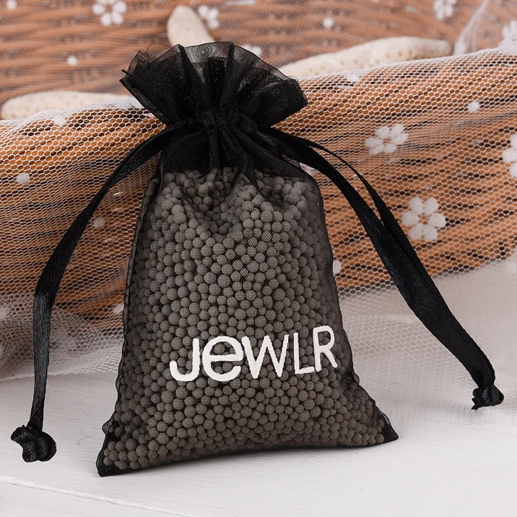 
Personalized costmetic jewelry gift packaging organza drawstring pouch black custom with white print organza bags logo 
