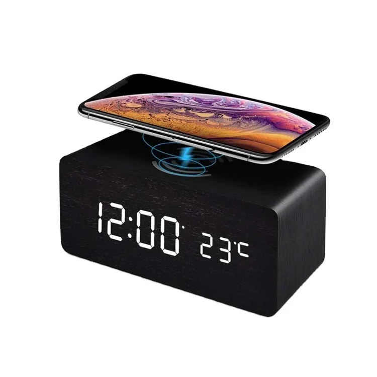 new Qi wireless phone charging alarm clock wooden digital LED table clock promotional gift wood desktop table clock