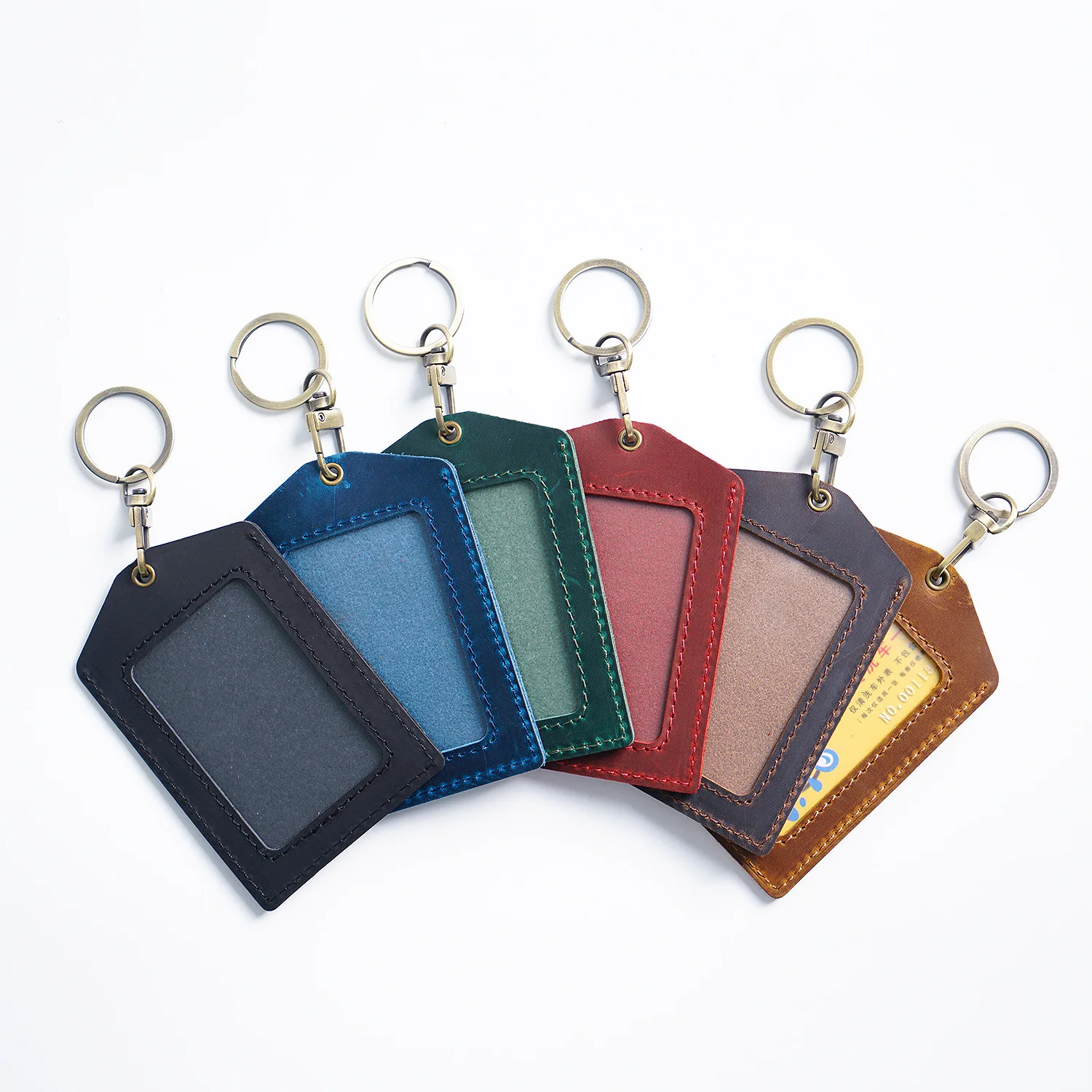 New Style Work Permit Card Holder Name Tag Card Genuine Leather Protective Cover  Campus Access Key Ring Keychain Readers Sleeve
