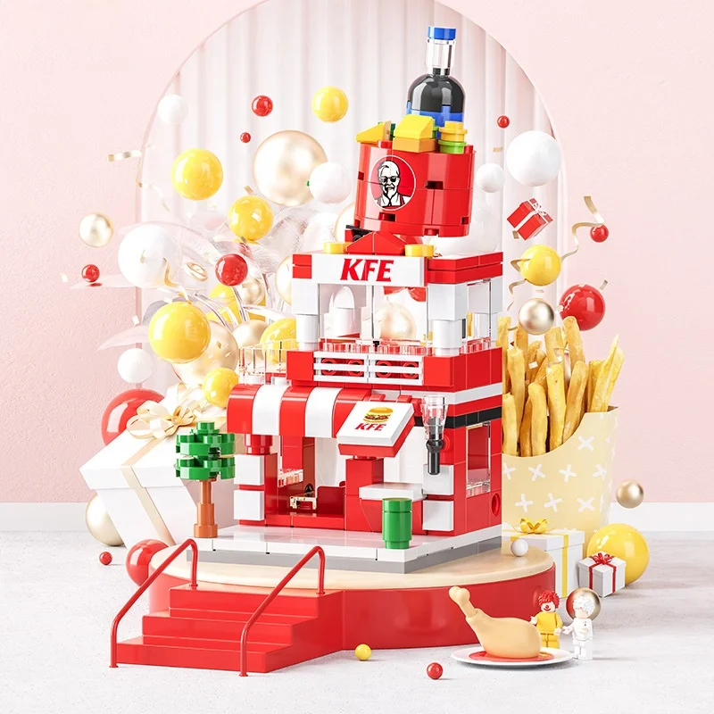 mini shop market street view sets model building blocks hamburger restaurant retail store creative architecture bricks city toy