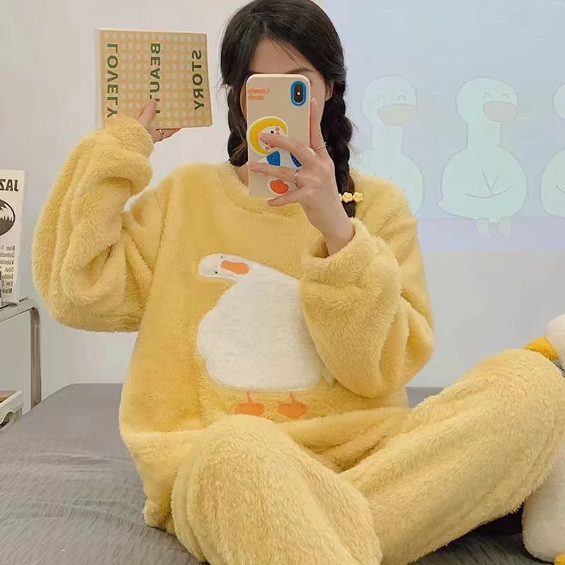 Factory Autumn and Winter Women Pyjamas Sets Thick Keep Warm Flannel Long Sleeve Female Cartoon Bear Animal Pants Sleepwear