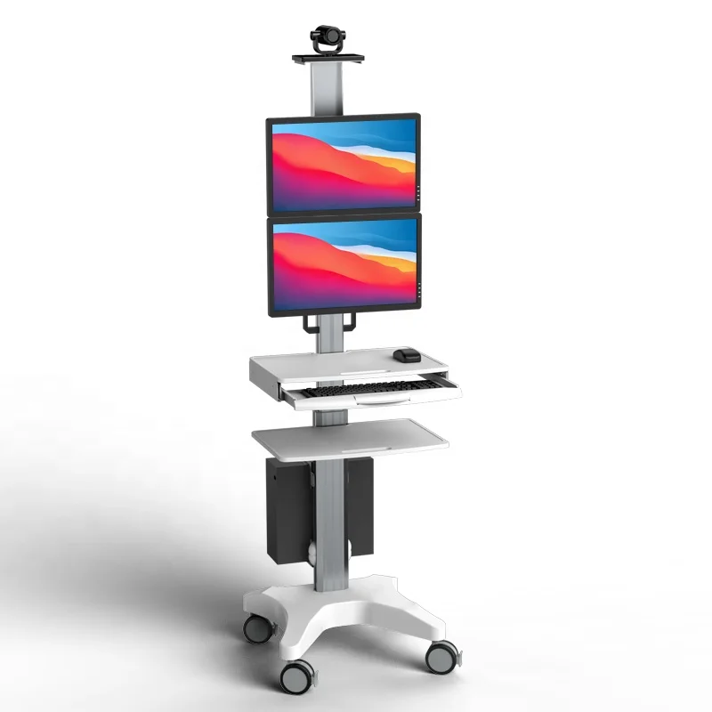 H2V Height Adjustable Mobile Cart Medical Computer Cart Lifting medical trolley with 2 Monitor Mounts Office School