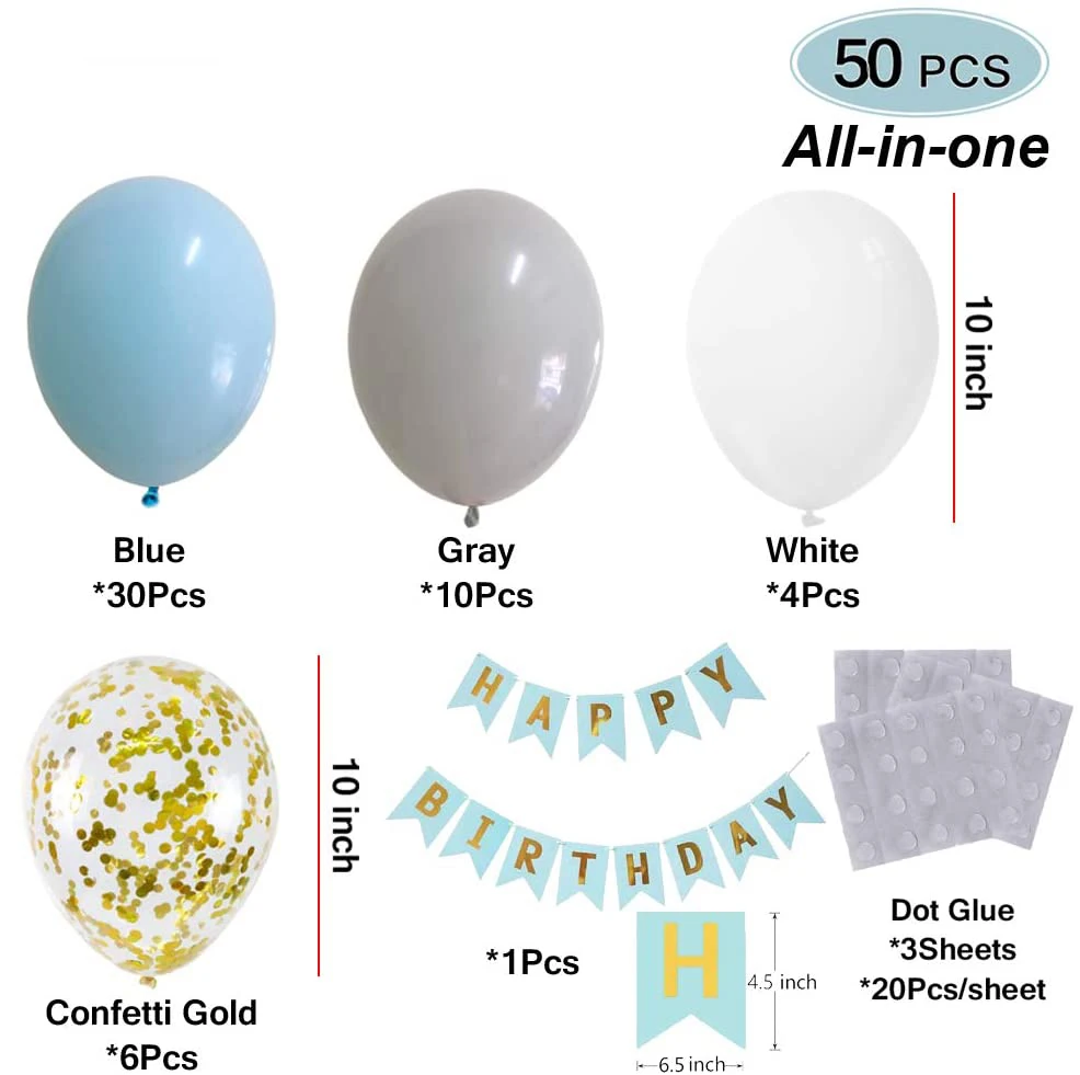 Happy Birthday Blue Gold Confetti Balloon Garland Arch Kit, Happy Birthday Banner With White Grey Latex Party for party