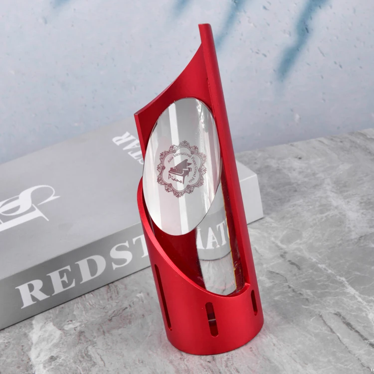 Special Design Customized Glass Trophy Glass Trophy Red Metal Column Shape Surrounding Crystal Clear Trophy