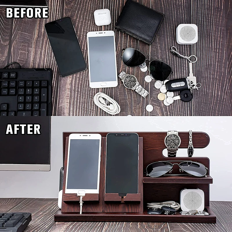 Wood Phone Docking Station and Nightstand Organizer Holds Cellphone Key Smartwatch Wooden Charging Station Accessory