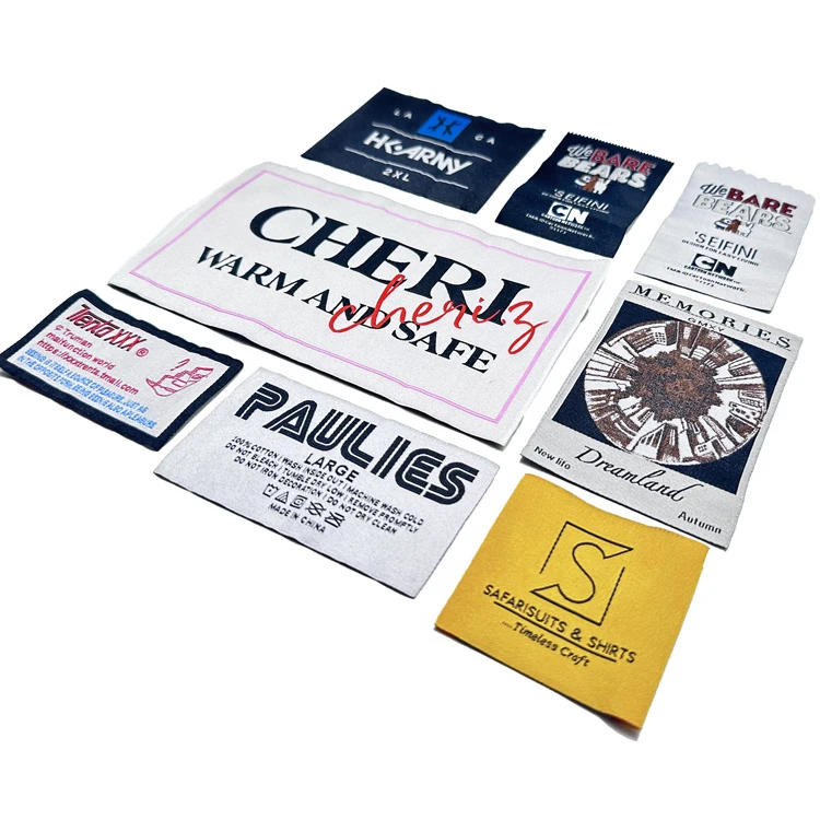 Custom Polyester Woven Clothing Labels Sustainable Rectangle Care Tags for Jackets Folded Rectangular Design