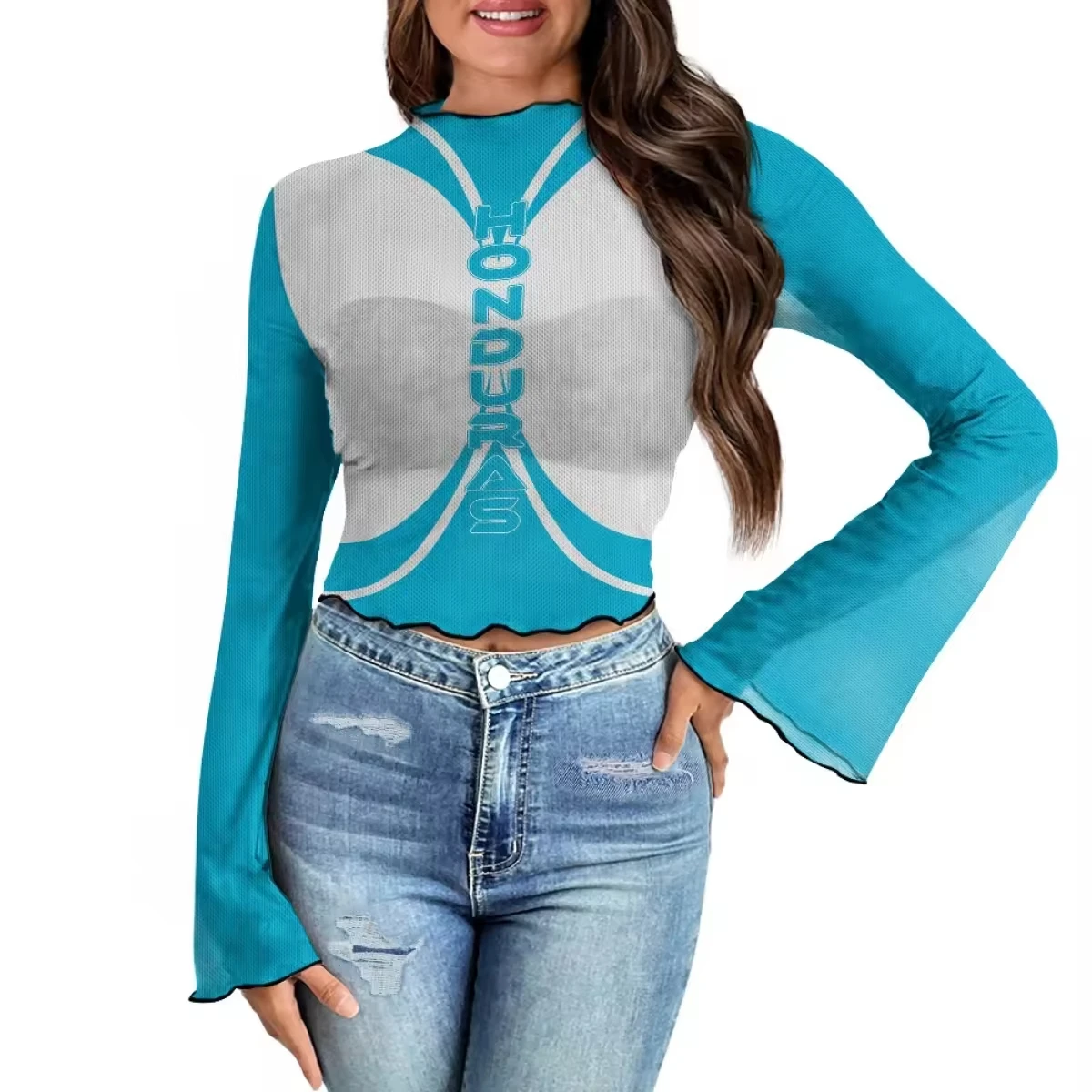 Factory made women blue shirt summer fashion shirt Honduras flag custom made women chiffon trumpet sleeve shirt wholesale