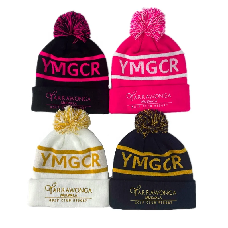 Custom Logo Jacquard Pom Pom Winter Knitted Beanie Hat,Cuffed Beanie Cap With Pom