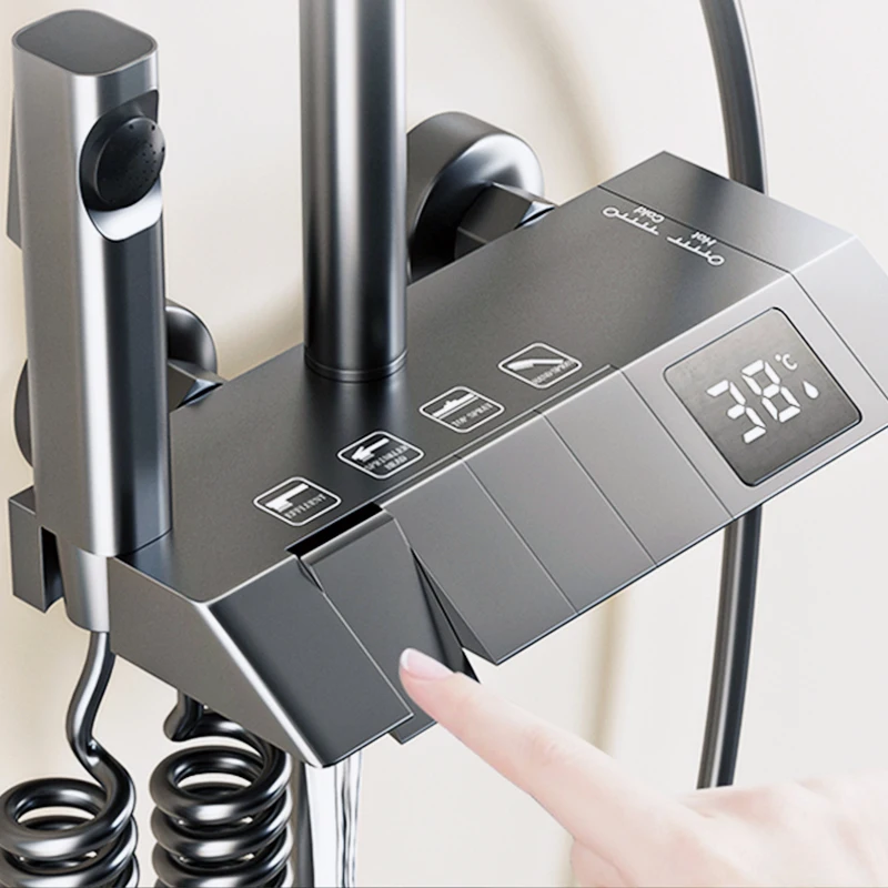 Bathroom Full Set Black White Gray Bathtub Shower System Rain Pressurized Digital LED Shower Sets Hot Cold Shower Faucet