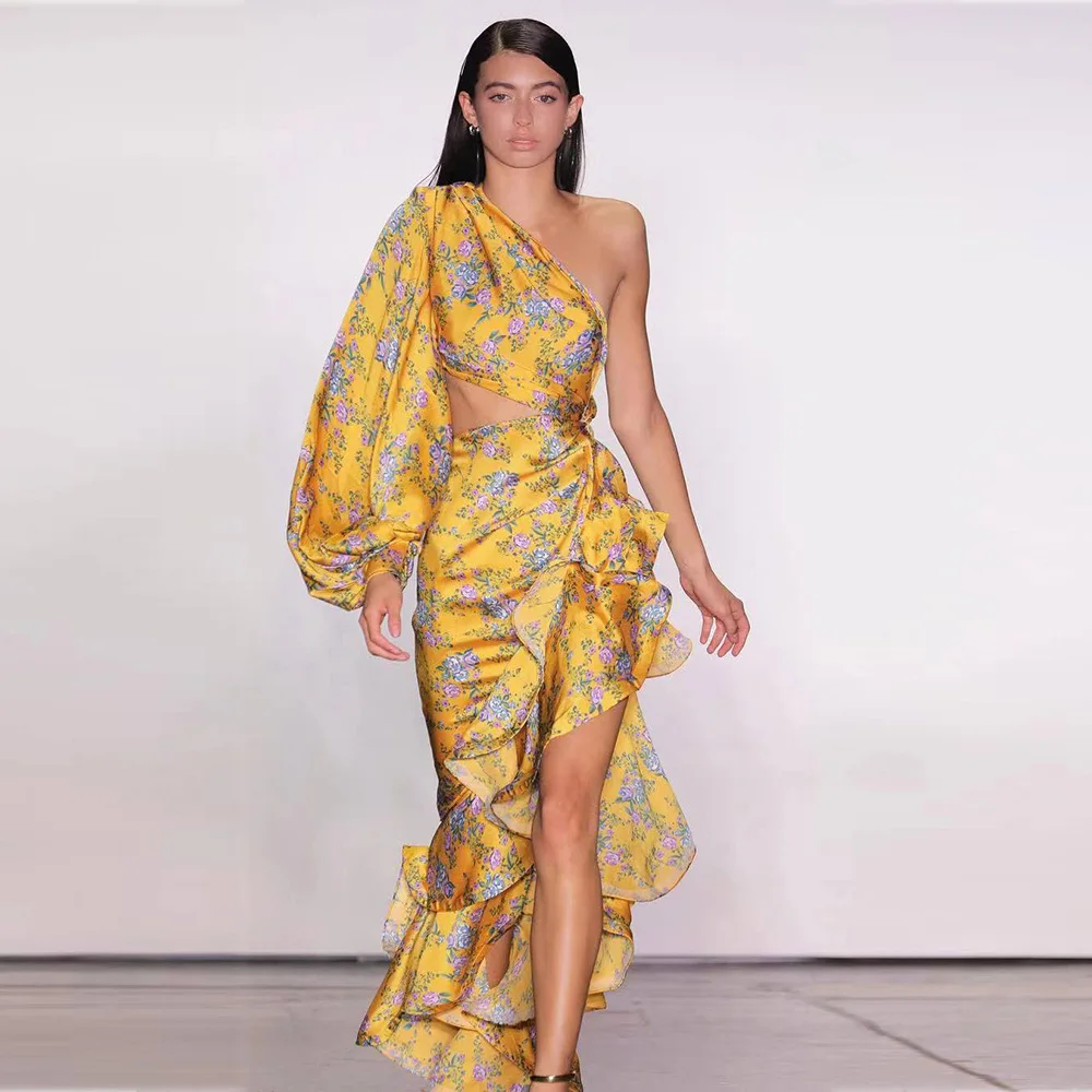 One Shoulder Luxury Floral Women Dresses Vintage Prom Evening Ruched Swing Ruffles Occasion Wedding Guest Cocktail Party Dresses