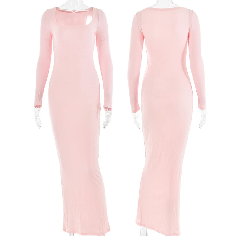 Custom 2024 Spring Logo Knitted Loungwear Women Sundress Rib Long Sleeve Dress Lounge Slip Ladies Long Maxi Dress
