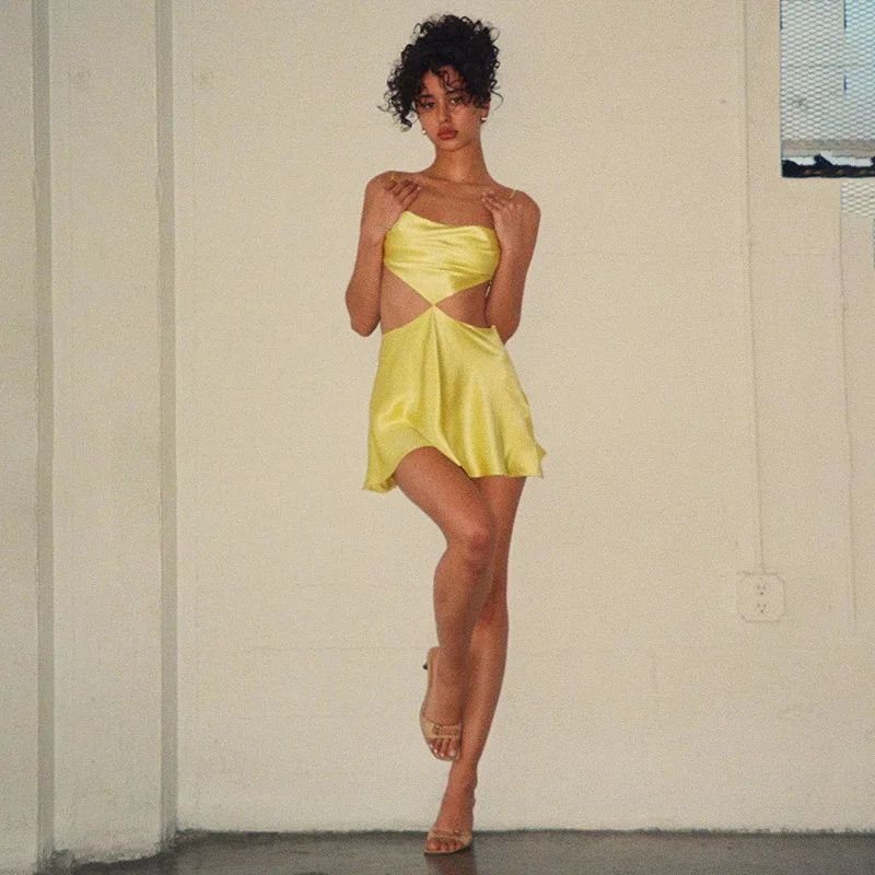 2022 New Summer Women Solid Color Sling Twist Sexy Backless Dress Hollow Out a-line Dress Fashion Holiday Mini Casual Dress