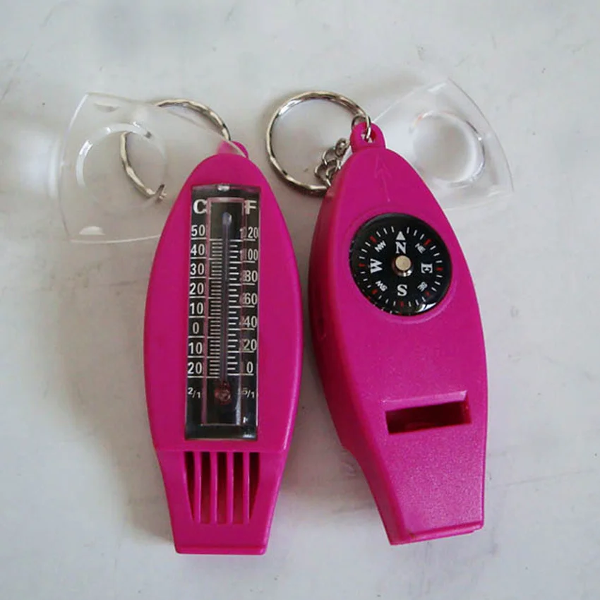 4 in 1 Multifunctional Keychain Compass 20MM Whistle Thermometer and magnifier for Outdoor Sports Promotion Gifts