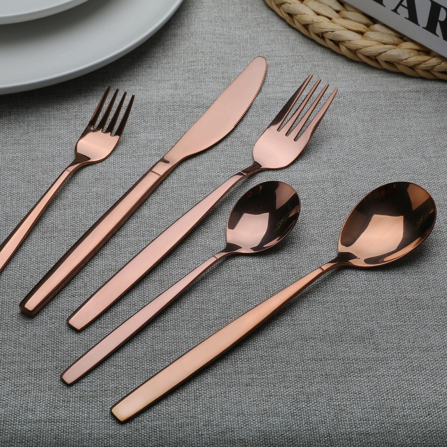 Bulk Wholesale Discount Stock 5pcs Copper Cutlery Rose Gold Plated Cutlery Stainless Steel  Flatware Set Spoon Fork Knife