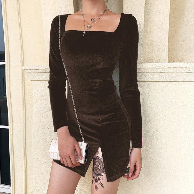 202471A Fashion Long Sleeve Velvet Dress Elegant Casual Dress