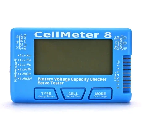 CellMeter-8 Digital Capacity Checker 2-8S LiPo Li-lon NiMH Battery Discharge Tester LCD Display For RC Airplane
