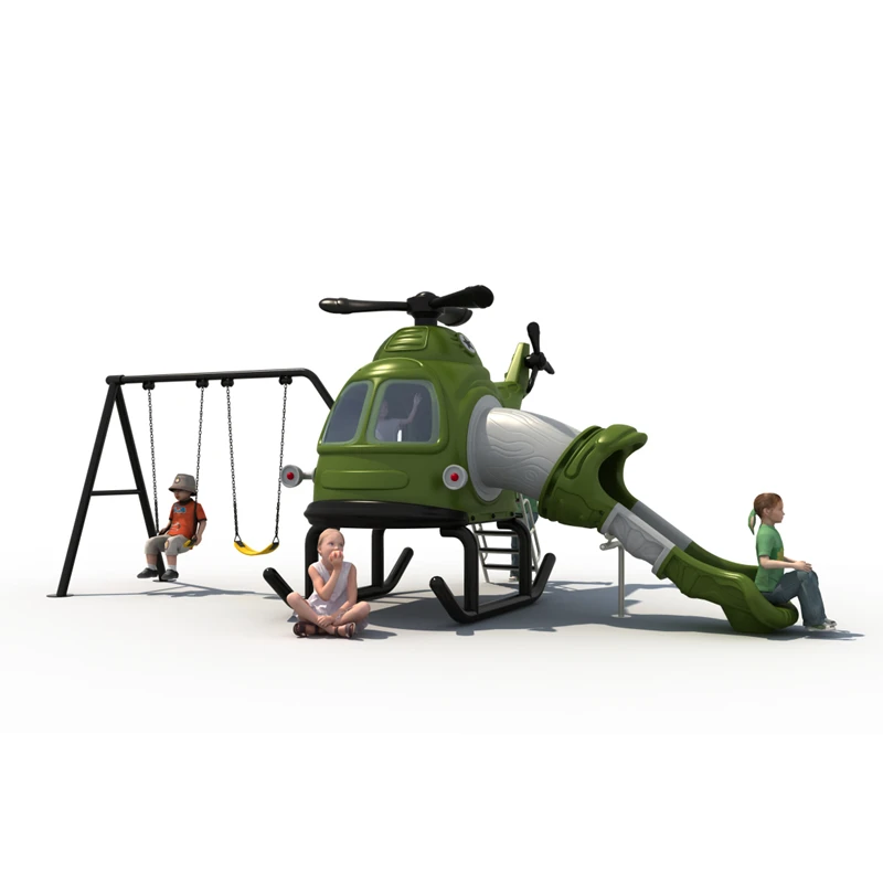Dark green helicopter with swing slide Multi-functional Kindergartens Park Eco-friendly Garden Slide