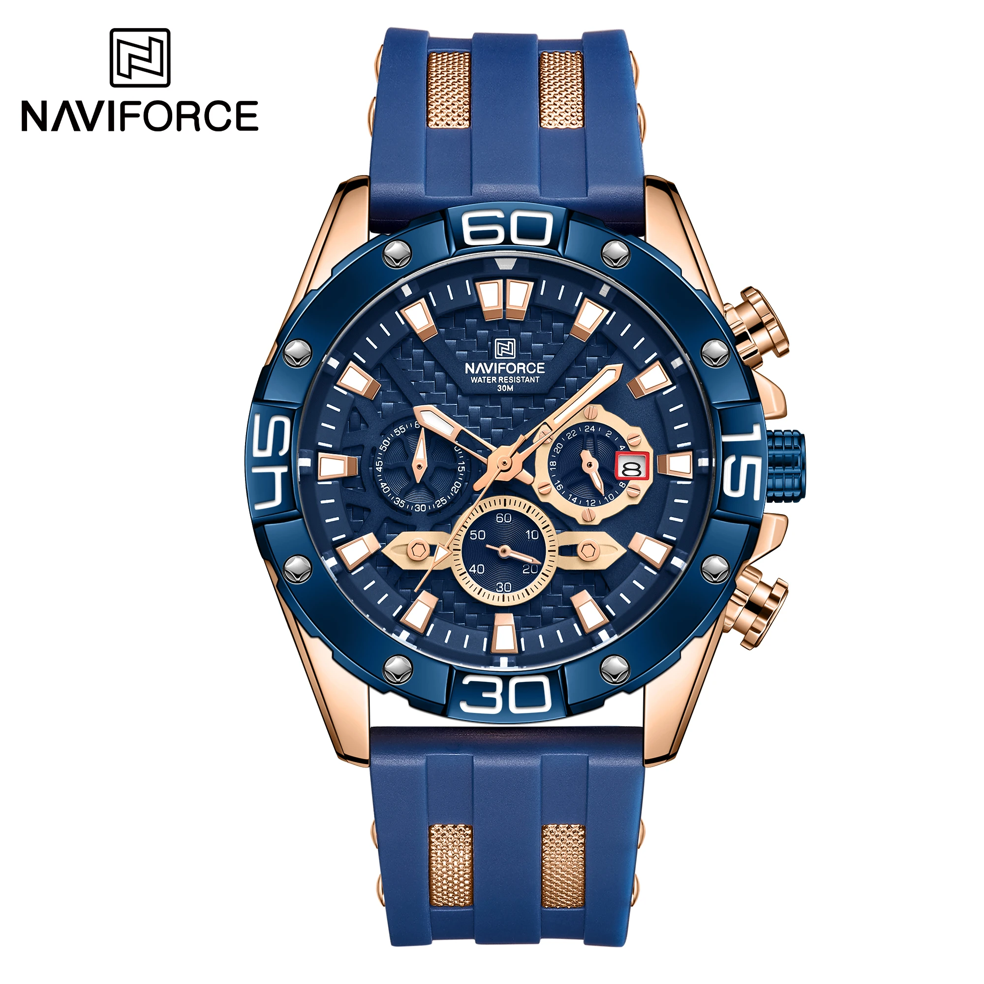 NAVIFORCE NF8019T новый дизайн синий Сделано в КНР мужские часы низкая цена резиновый ремешок водонепроницаемые 3 циферблата светящиеся спортивные набор