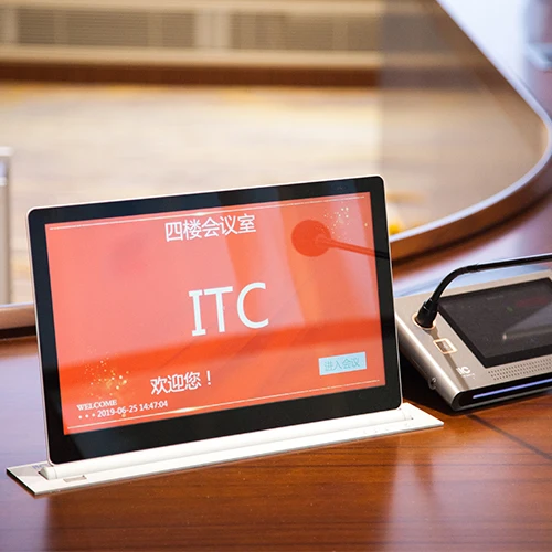 Paperless Motorized Ultra-thin HD pop up screen office room audio video system vertical lcd hidden table monitor with microphone