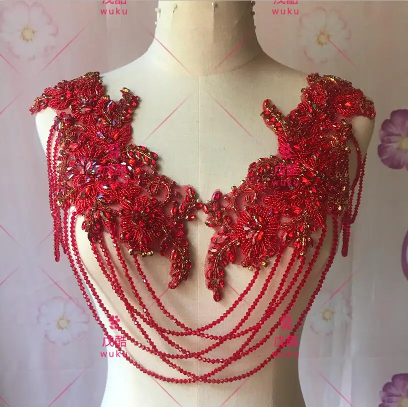 wuku 2021 pair design lace applique encruted crystal and tassel fringe design