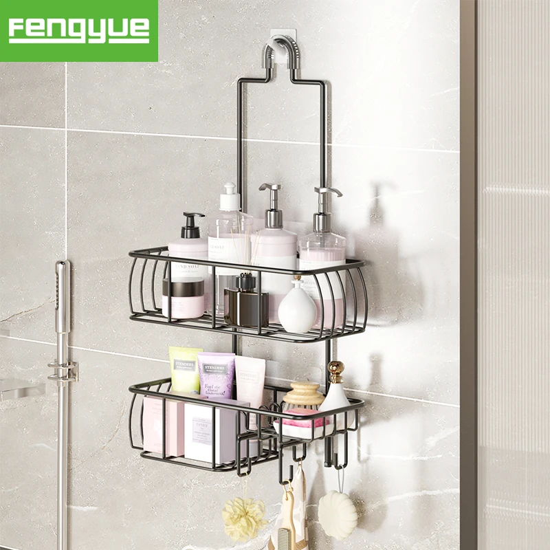 Punch-free No Drilling Wall Mounted Hanging Black Shower Caddy Shelf Organizer Storage Wire Rack over Head for Bathroom Bath
