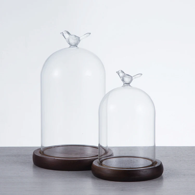 Heat Resistant Borosilicate Glass Clear Dust Proof Glass Bell Jar Cloche Glass Dome with Cute Heart Handle and Wood Base
