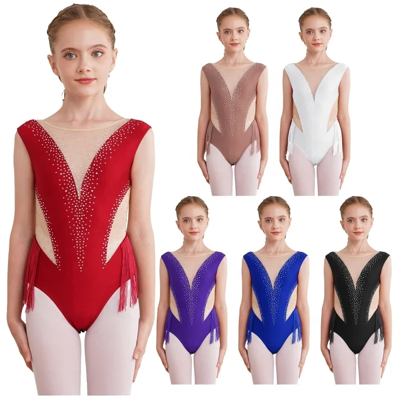 6-16 Girls Latin Dance costume performance wear Figure Skating Costume Rhinestone Fringed Leotard Bodysuit Kids Dancewear