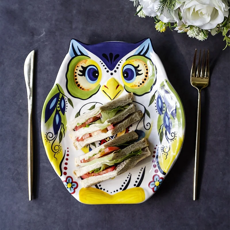 9.5-inch ceramic plate shaped like an owl  colorful fruit plate Large ceramic plate