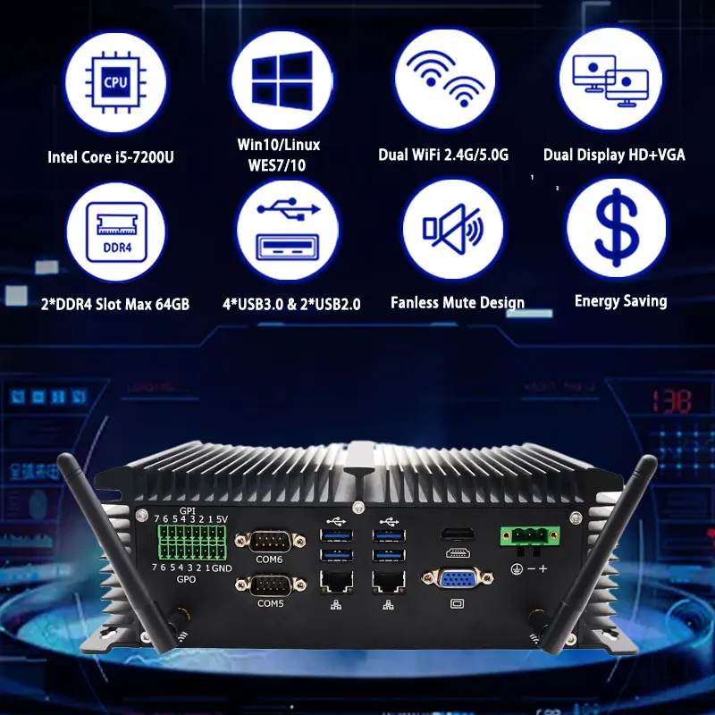 Manufacturer Intel Core i5 7200U One embedded SIM card slot onboard for 3G/4G Wi-Fi module Fanless Industrial Mini PC