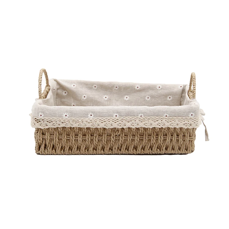 Hot Selling Sundries Storage Bin Tray Paper Rope  Basket with handles and fabric lining