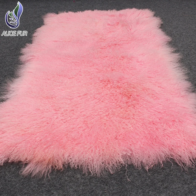 Real pink colour OEM tibetan fur rug sheepskin  mongolian lamb fur rug