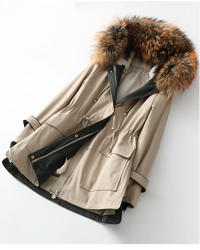 
Keep Warmer Real Raccoon Fur Parkas Women Ladies Winter Thicken Rabbit Fur Lining Long Coats 