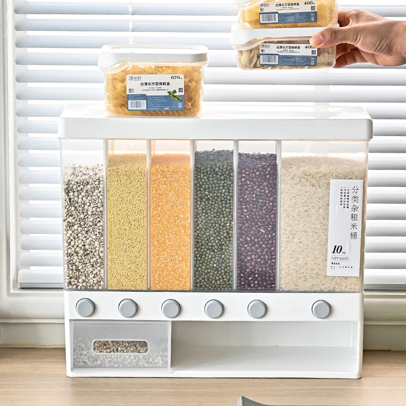  Hot selling Wall Mounted Divided Rice and Cereal Dispenser 10 KG Plastic Automatic Damp-proof Racks Sealed grain Storage