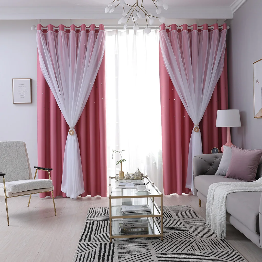 Korean Princess Style Hollow Star Gauze Double-Layer Blackout Curtain Window Sheer Curtains For Kitchen Bedroom Living Room