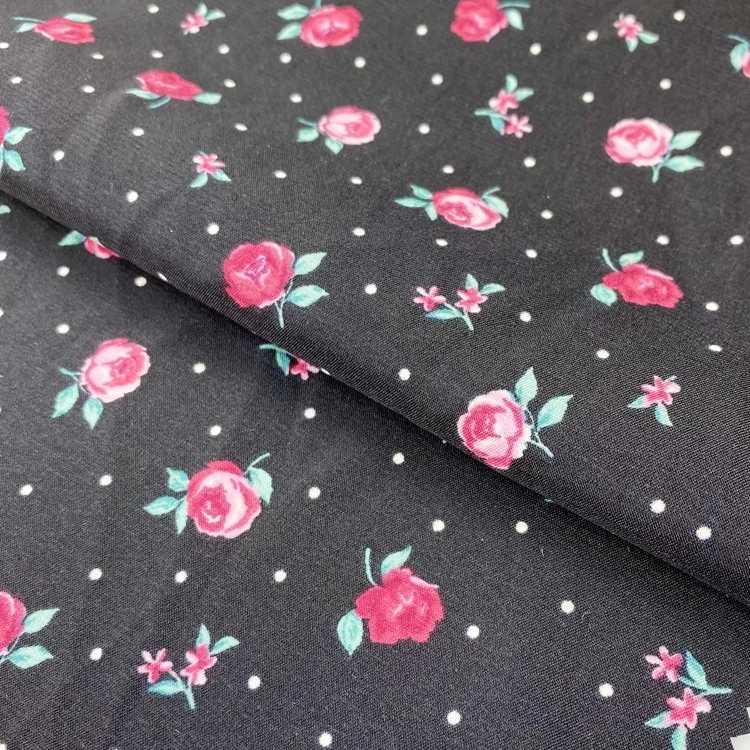 Wholesale price per meter lightweight flower design black one side satin blend 97 polyester 3 spandex fabric for apparel